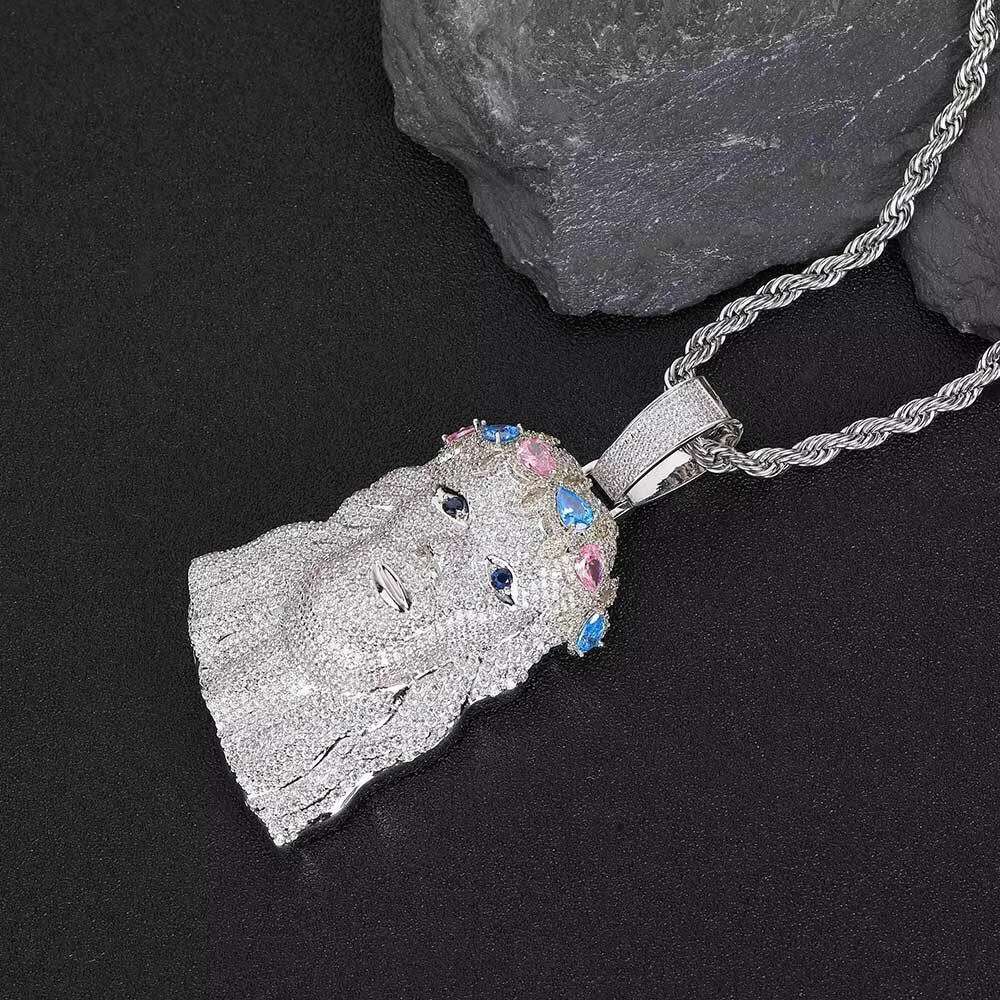 Huge Spooky Sier Icy Jesus Head Zircon Color Gem Crown Charm Iced Out Jumbo Pendant Cubic Zirconia Necklace