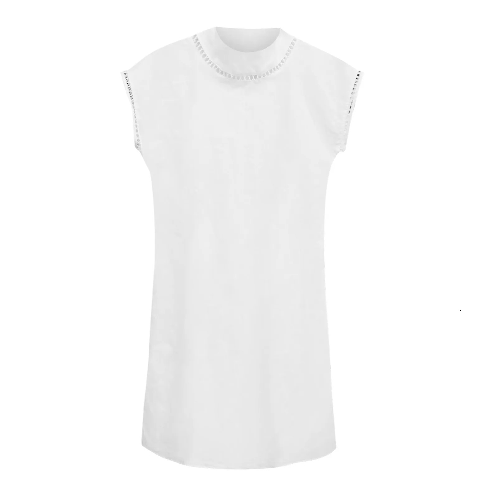 Casual White Cotton Linen Dresses for Women Pullover Loose Medium Length Dress Retro Stand Collar Short Sleeve Boho Party Dress 250618