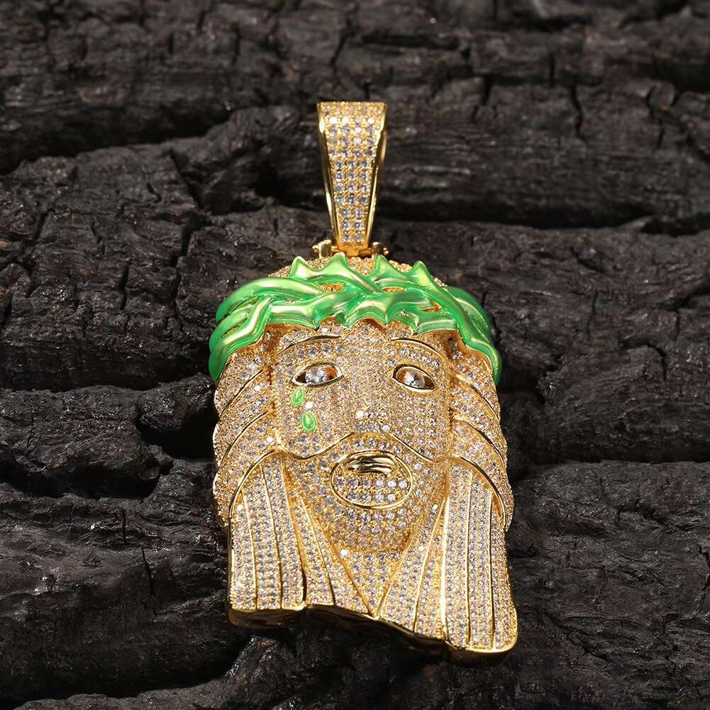 14k Gold Two Tone Huge Spooky Big Jesus Head Zircon Dark Glowing Tear Crown Charm Iced Out Jumbo Pendant Cubic Zirconia Necklace