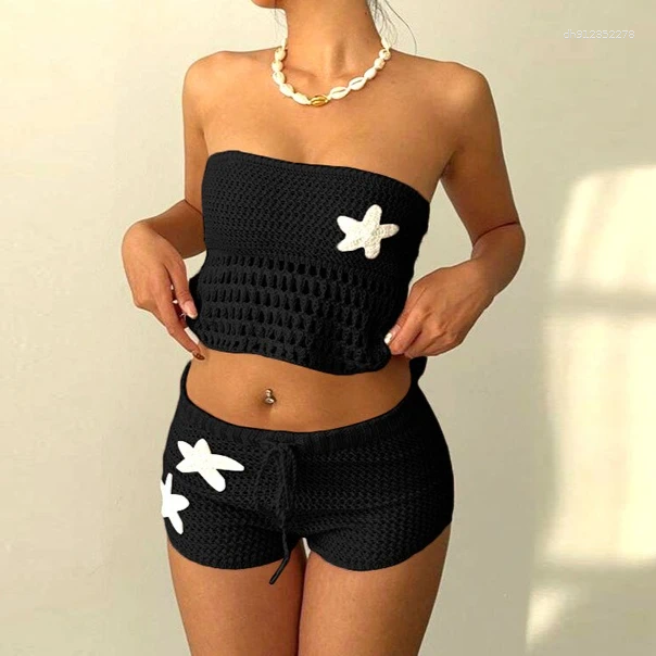 Women's Tracksuits FAGADOER Sexy Knitted Flower Hollow Out 2 Piece Sets Woman Outfit Sleeveless Backless Tops Shorts Suits Female Streetwear