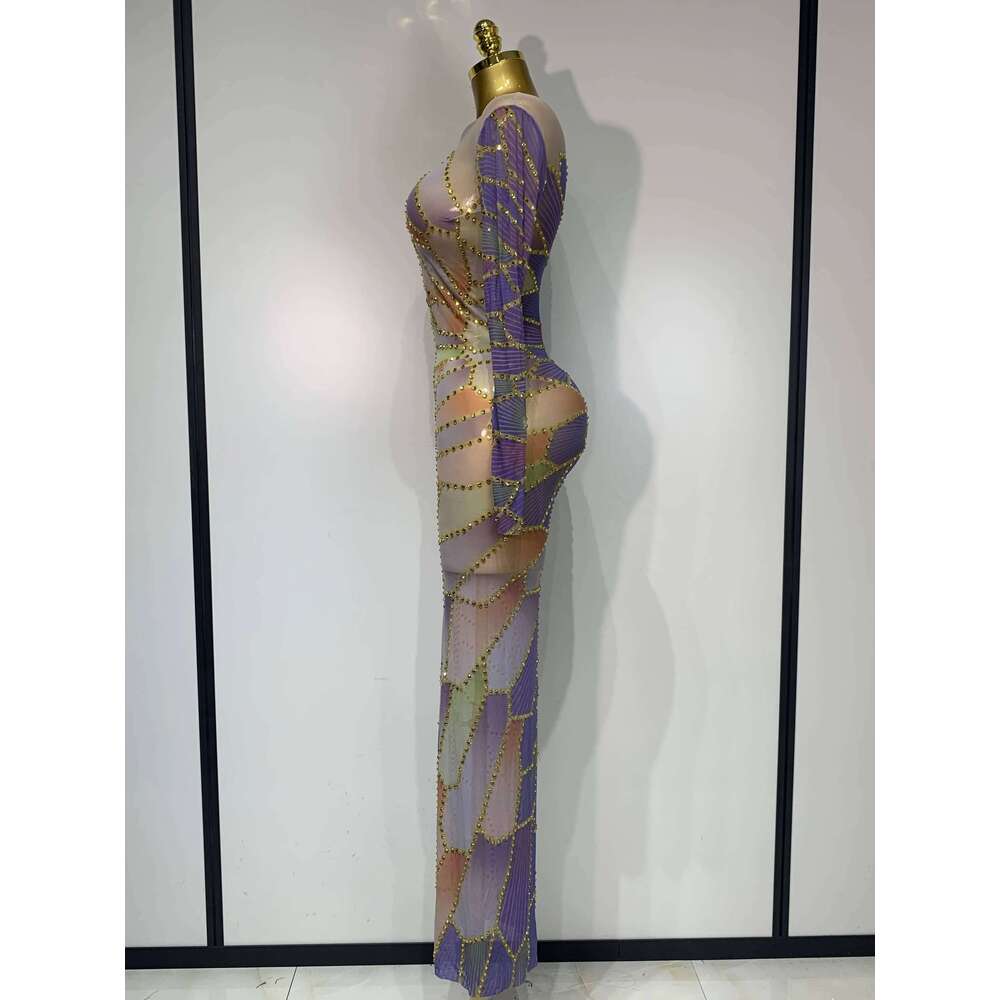 Sparkly Rhinestone Stretchy Mesh See Through Dress Women 2025 Performance Dancer Costume Birthday Nightclub Stage Outfit