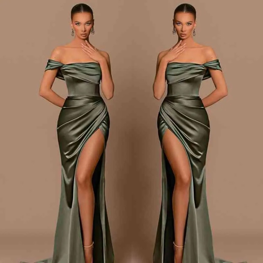 One Shoulder Mermaid Long Bridesmaid Sexy High Split Ruched Maid Of Honor Dresses Bride Gowns Wedding Guest Women Marriage Free shipp