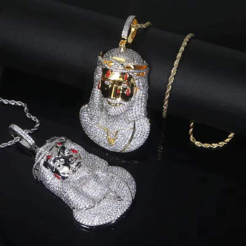 Huge Spooky Silver Jesus Head Bust Zircon Color Tears Thorny Crown Charm Iced Out Jumbo Pendant Cubic Zirconia Necklace