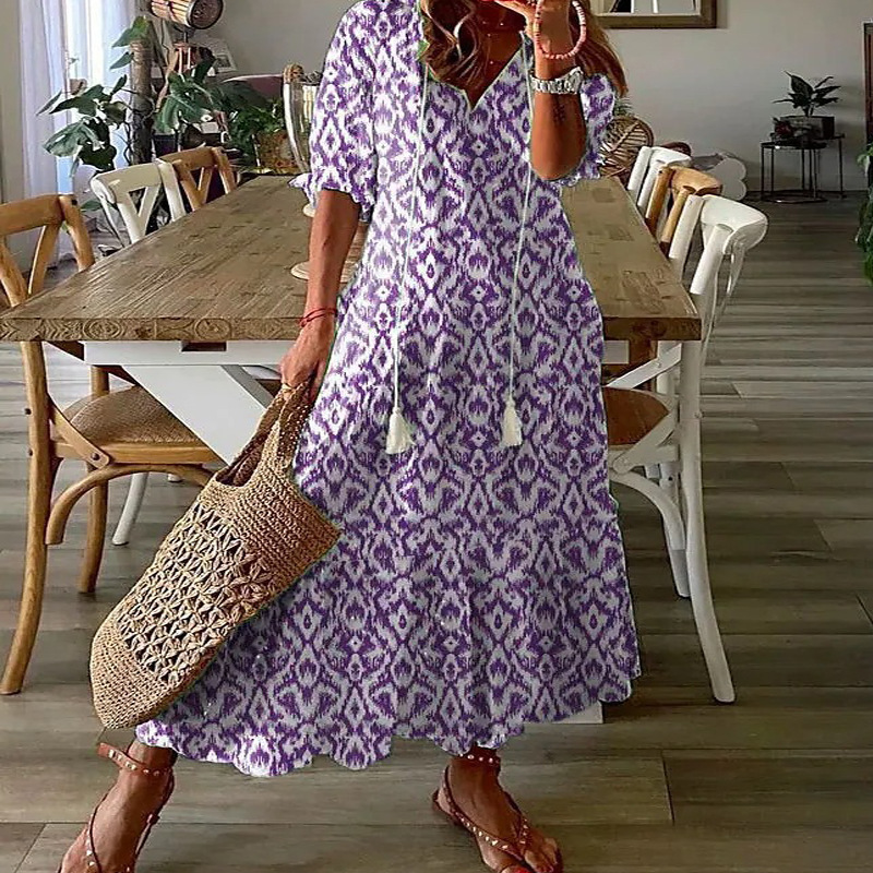 L3191Casual sweet loose V-neck printed hanging beard mid-sleeve long dress