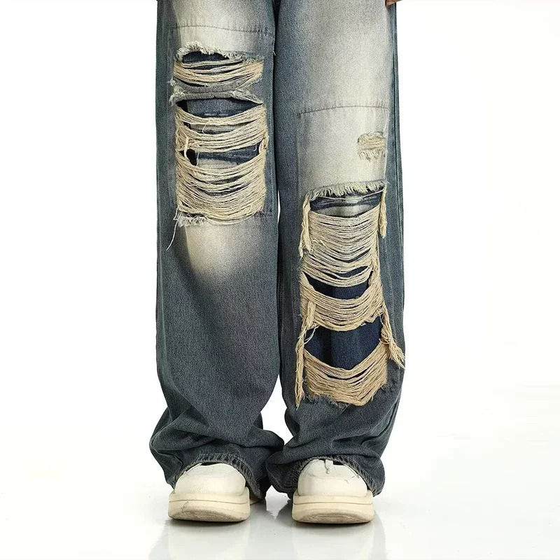 Hole Patchwork Baggy Jeans Man Pants American Vintage Straight Wide Leg Pants Hip Hop Street Punk Y2k Jeans Loose Denim Trousers 250617