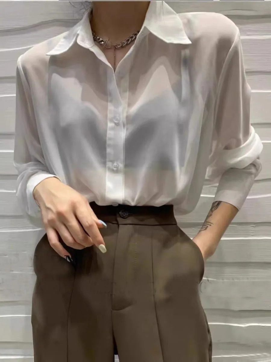 Sun-proof Transparent Shirt Female Mesh Long Sleeve Top Solid Color Summer Loose Chiffon Blouse Korean Fashion Cardigan Ladies 250619