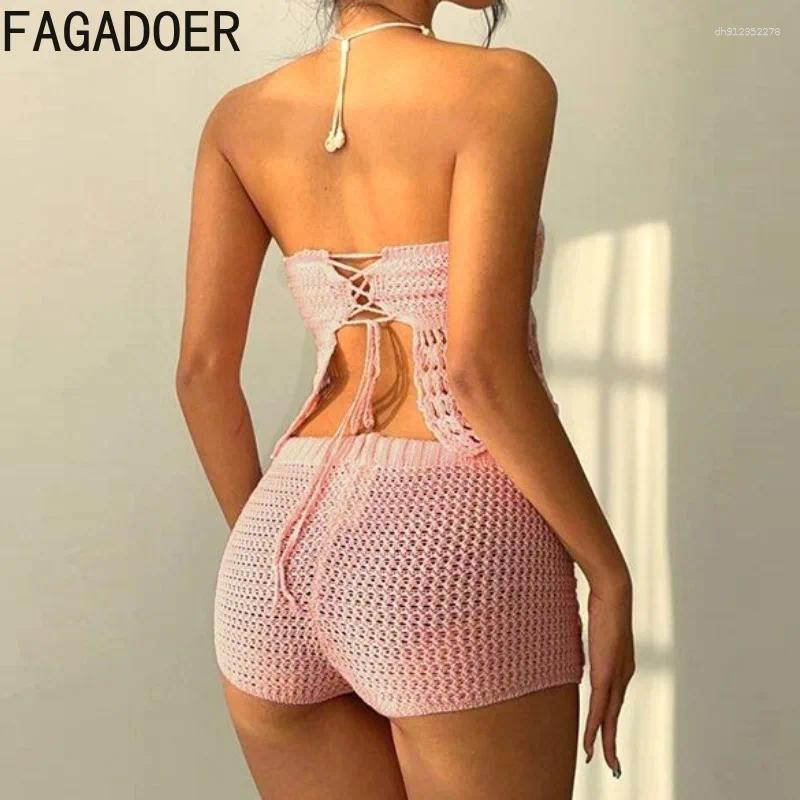 Women's Tracksuits FAGADOER Sexy Knitted Flower Hollow Out 2 Piece Sets Woman Outfit Sleeveless Backless Tops Shorts Suits Female Streetwear