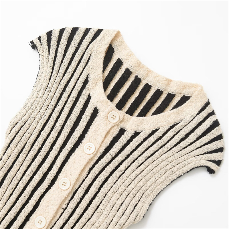 2025 Spring/Summer New Casual Women's Clothing Striped Cut Shoulder Down Coat Round Neck Buckle Decoration