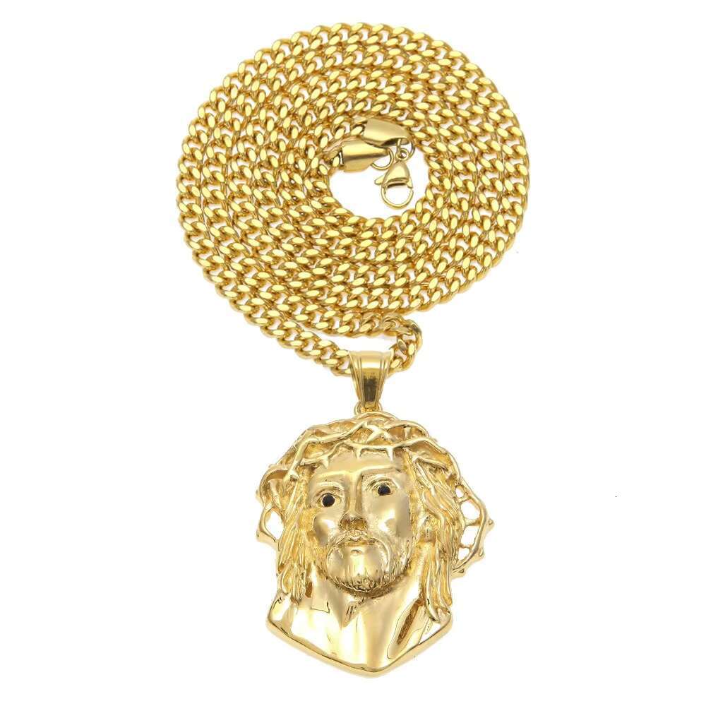 18k Gold Tone Steel Huge Spooky Big Jesus Head Black Zircon Charm Jumbo Pendant Cubic Zirconia Eye Jesus Necklace