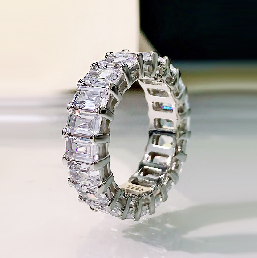 Moissanite Diamond Emerald Cut Eternity Band 925 Sterling Silver Wedding Moissanite Ring