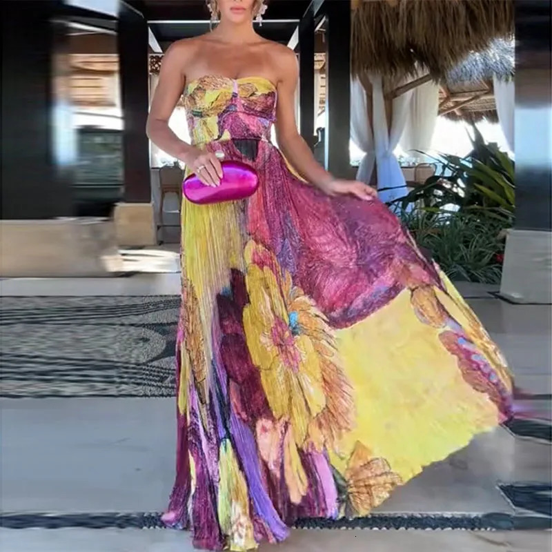 2025 Sexy Sling High Waist Party Dress Woman Elegant Pleated Print Robes Dress Summer Fashion Sleeveless Hollow Boho Dresses 250618