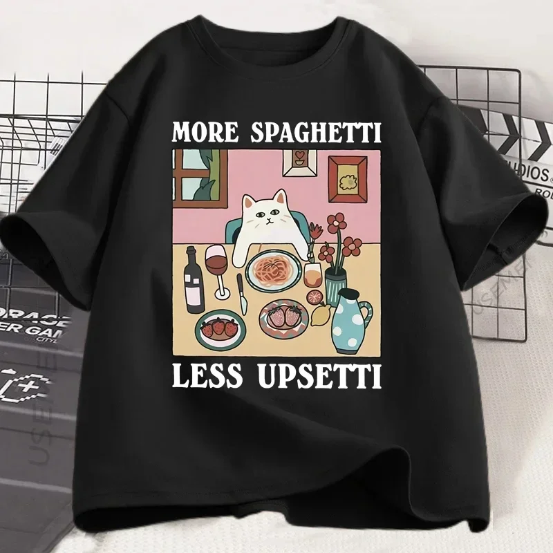 More Spaghetti Less Upsetti Cat T-Shirt Funny Cat Lover Tee Food Humor Graphic Top for Women Casual Loose Print Tee 2025 New