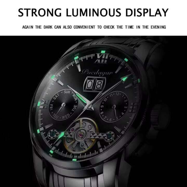 DHgargets Automatic Mechanical Tourbillon Business Wristwatch Hollow Waterproof Stainless Steel Men Watches Relojes Hombre