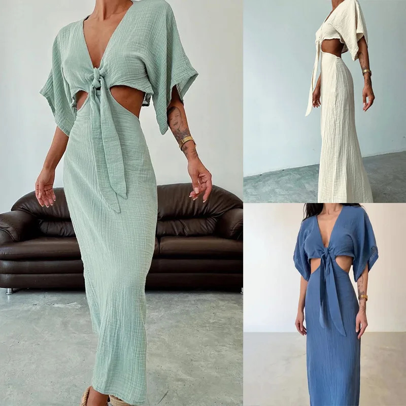 Solid Cotton Linen Dresses Women Sexy Spring V Neck Hollow Out Long Dress Summer Backless Batwing Sleeve Slim Party Robe Femme 250618