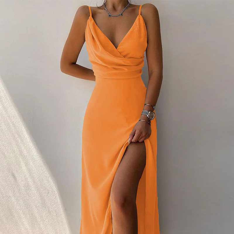 P619European and American women's clothing 2025 summer suspender V-neck slit print dress
