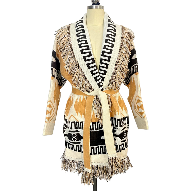 853971G01 Women's Outerwear & Coats Autumn and Winter Long Sleeves Cape Wool Blend Knitted Cardigan Loose Bohemian Vintage Jacquard