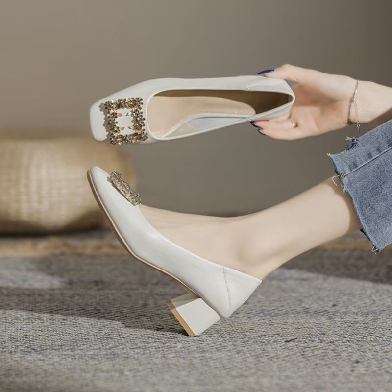 crystal square buckle med-high heels shoes woman new designer leather knitting pumps metal heeled tacones mujer plus