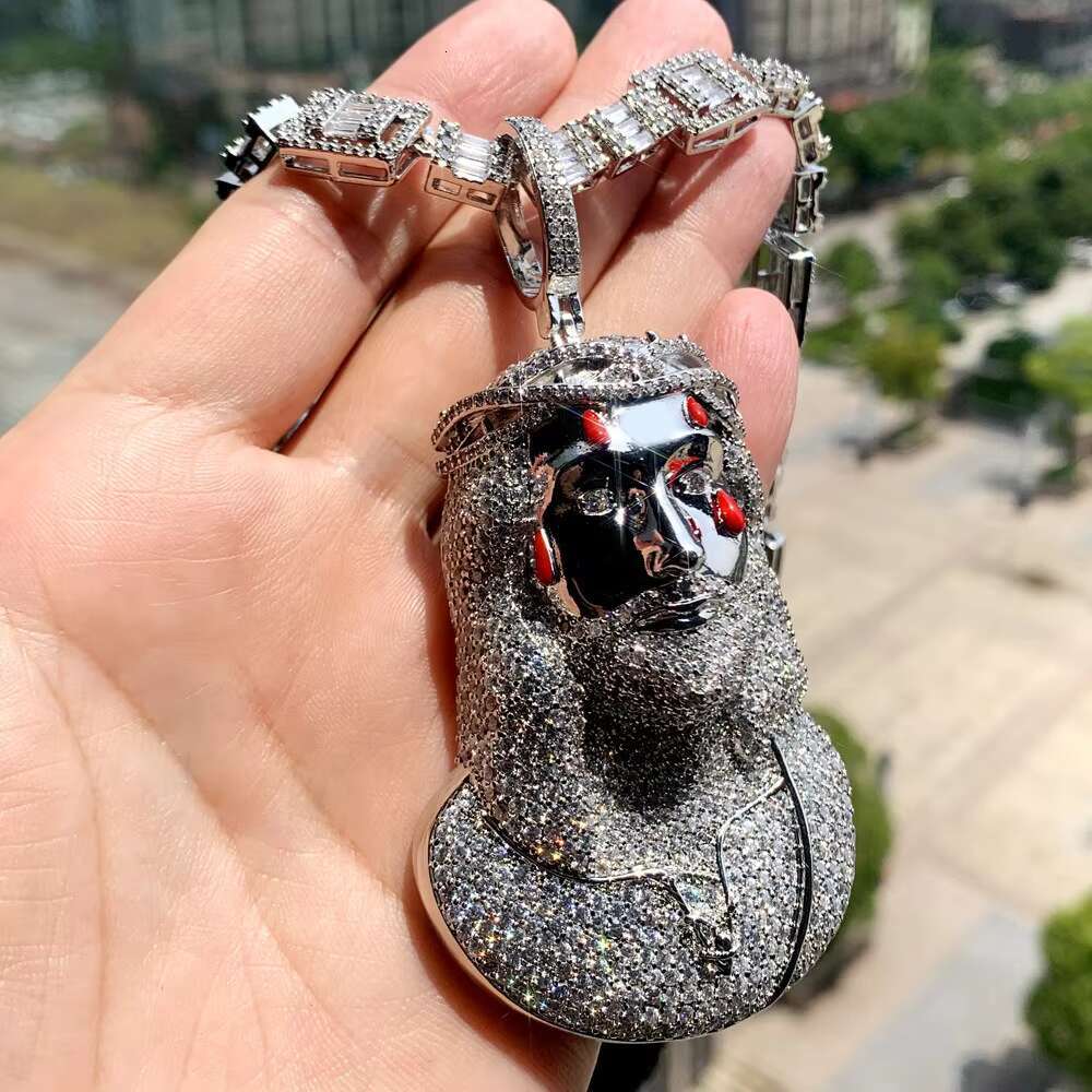 Huge Spooky Silver Jesus Head Bust Zircon Color Tears Thorny Crown Charm Iced Out Jumbo Pendant Cubic Zirconia Necklace