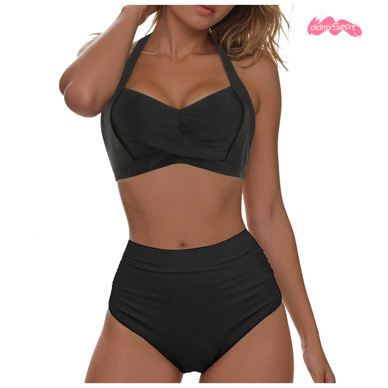 2025 Tankinis Women Two Piece Set Summer Vintage Swimsuit Retro Sling Neck Ruched High Waisted Bikinis Sets With Bottom Trendy ddmysept