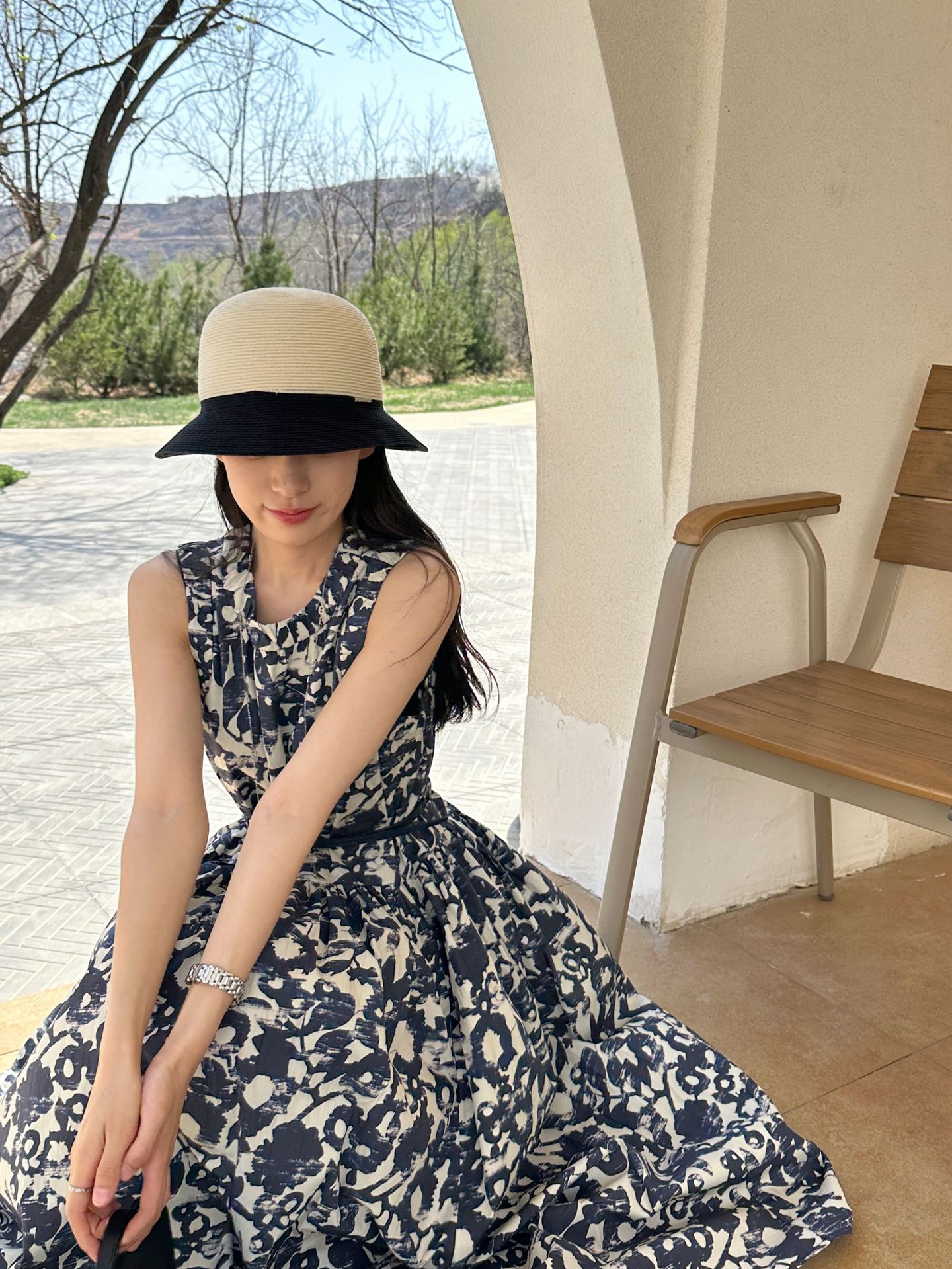 G6194 Printed belt slim mid-length sleeveless dress