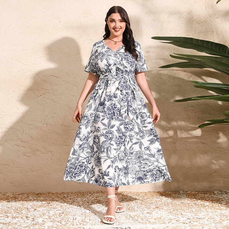O618Large Size Loose V-Neck Dress Women's Elastic Waist Short Sleeve Printed Long Skirt