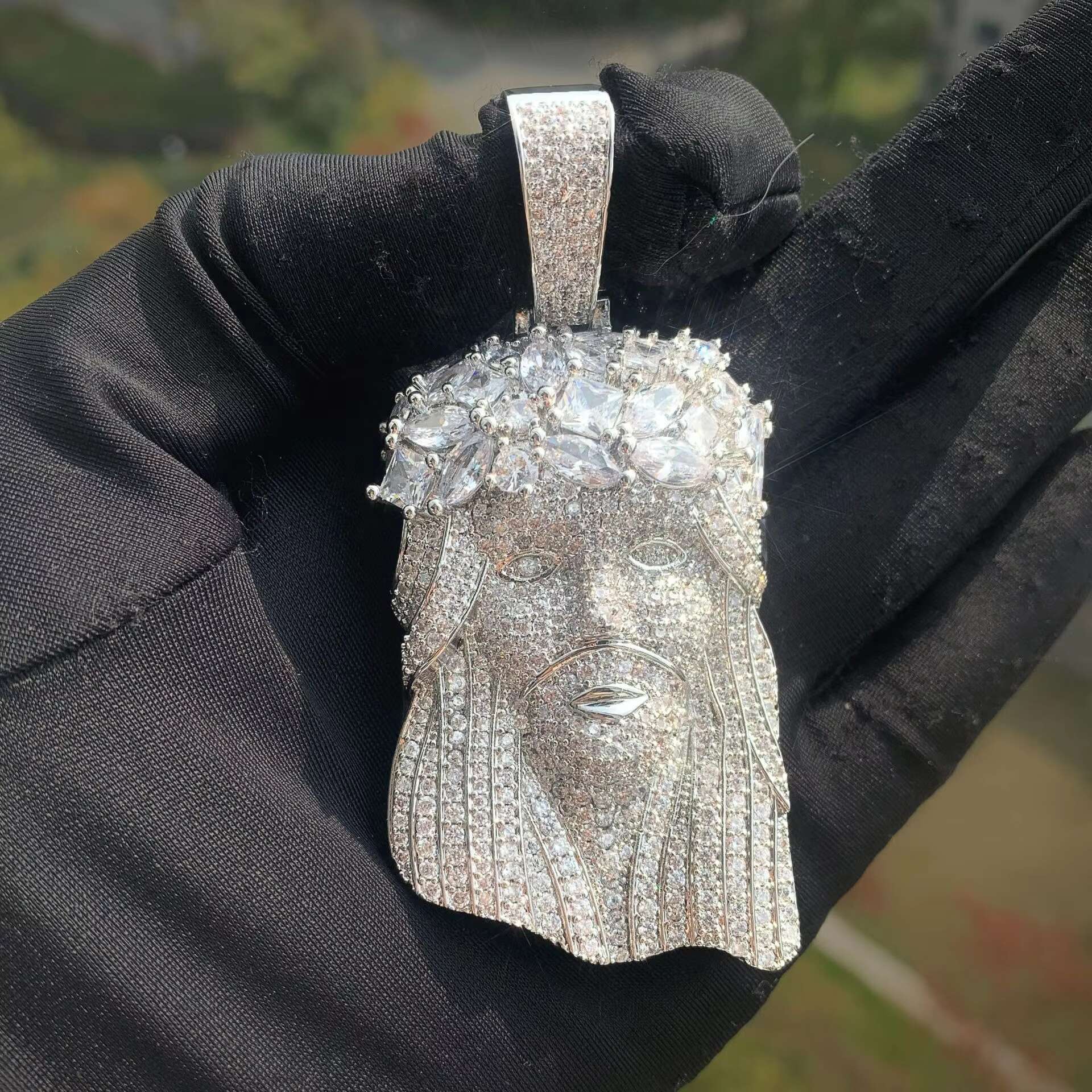 14K Gold Finish Huge Spooky Big Jesus Head Marquise Zircon Charm Iced Out Crown Jumbo Pendant Cubic Zirconia Necklace for Men