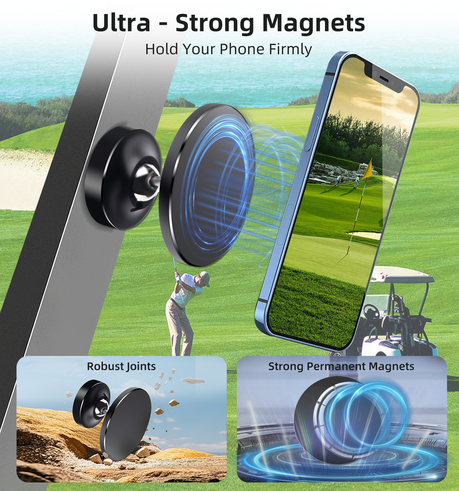 Magnetic Phone Holder for Golf Cart, 360 Adjustable Phone Mount with Ultra-Strong Magnet, All-Metal Cell Phone Mounts for Car Accessories, Samsung,924