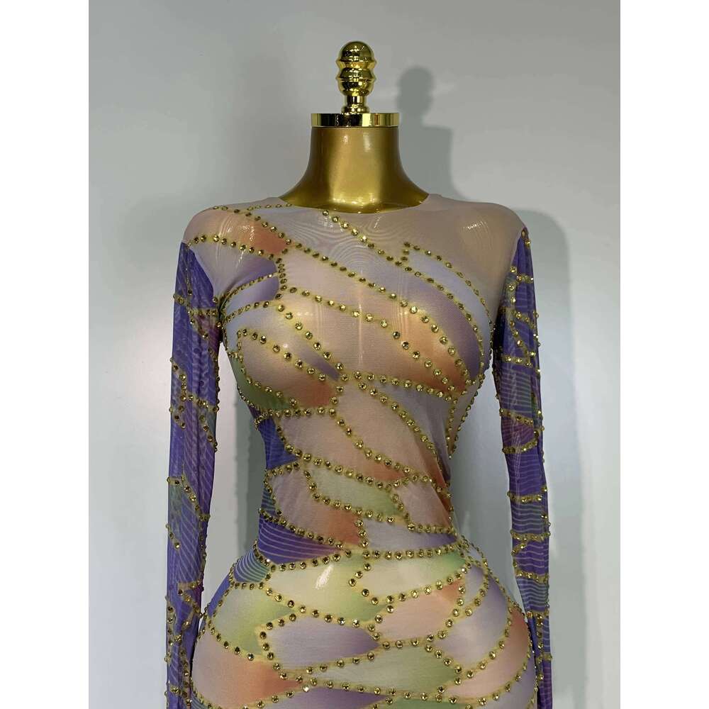 Sparkly Rhinestone Stretchy Mesh See Through Dress Women 2025 Performance Dancer Costume Birthday Nightclub Stage Outfit