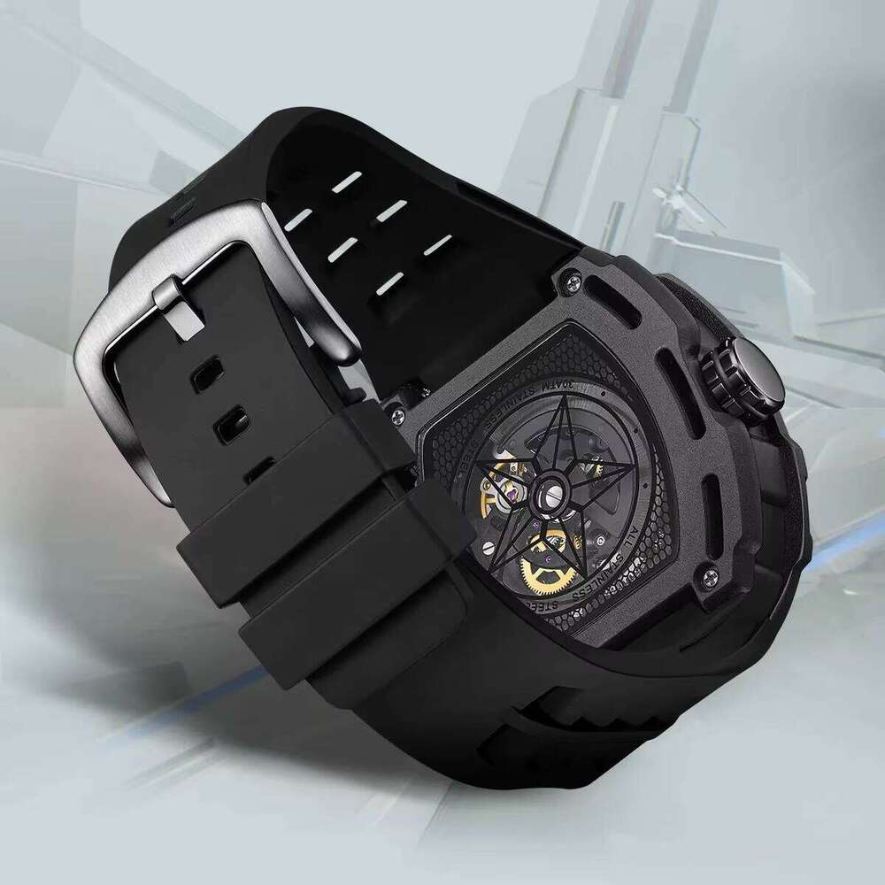 DHgargets Mark Fairwhale 6650 FW-6650 Sports Silicone Strap Mechanical Wristwatch Automatic Tonneau Watch Men Fashion Skeleton Watches
