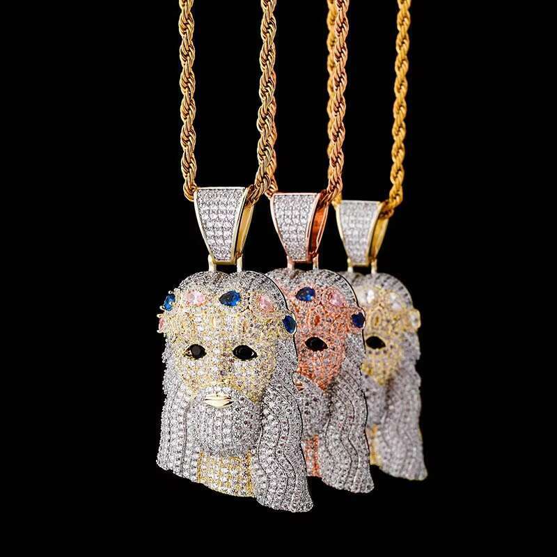 Rose Gold Two Tone Huge Spooky Big Jesus Head Zircon Charm Iced Out Color Gem Crown Jumbo Pendant Cubic Zirconia Necklace
