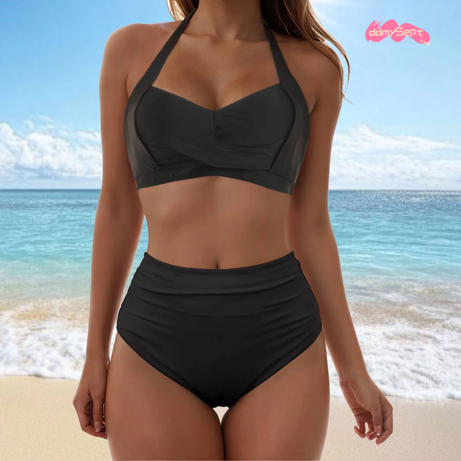 2025 Tankinis Women Two Piece Set Summer Vintage Swimsuit Retro Sling Neck Ruched High Waisted Bikinis Sets With Bottom Trendy ddmysept