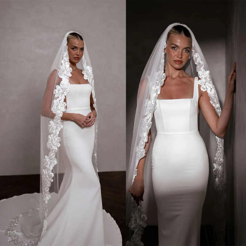 Gorgeous Wedding Veil Lace Appliques Long Cathedral Length One Layer Tulle Custom Made Bridal Veils Accessories Customized