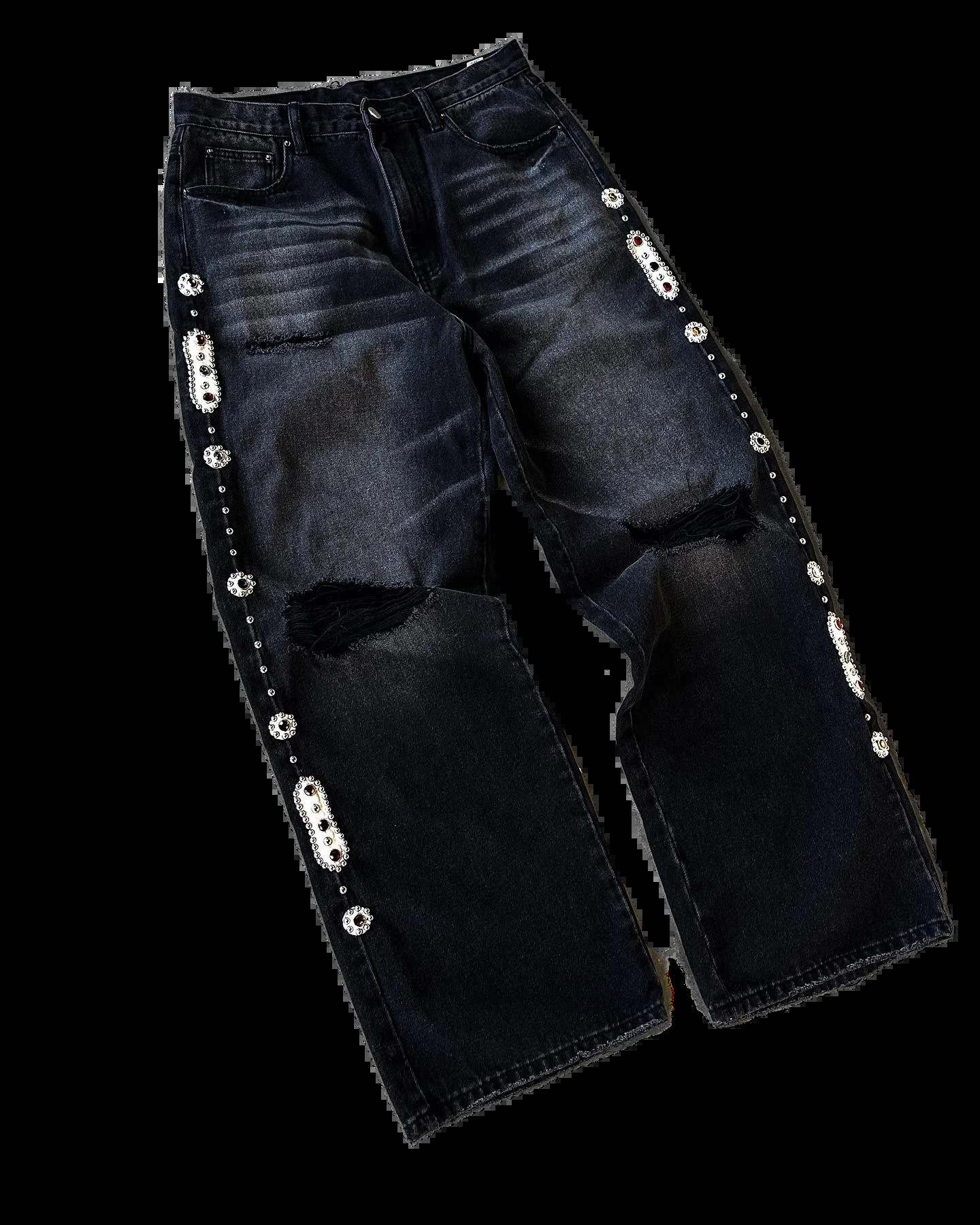 Sorrows Rhinestone Embellished Black Jeans Y2k Punk Vintage Black Streetwear Baggy Wide Leg Jeans Men Women Ripped Denim Pants 250617