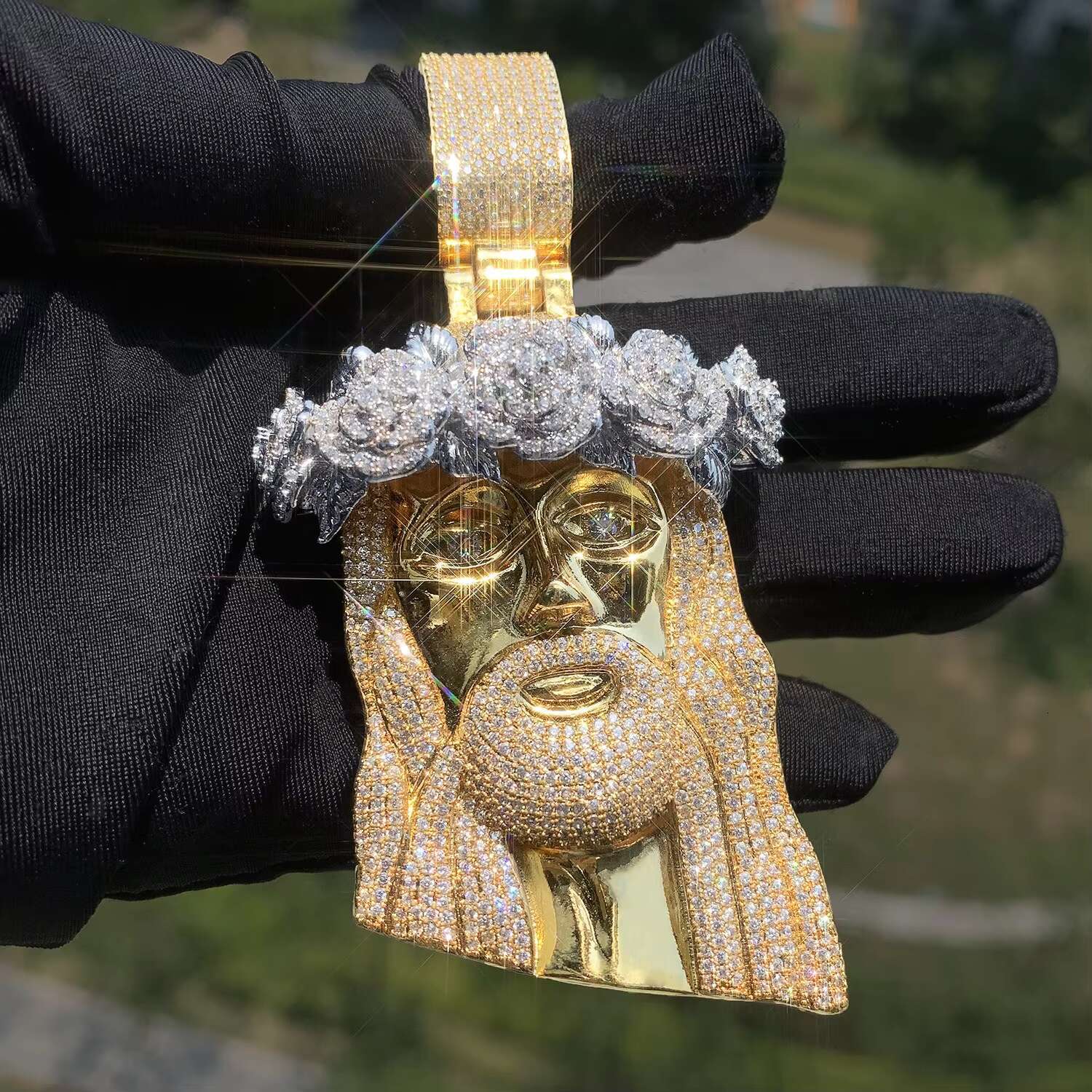 Rose Gold Twe Tone Huge Spooky Big Jesus Head Zircon Charm Iced Out Rose Crown Jumbo Pendant Cubic Zirconia Necklace for Men