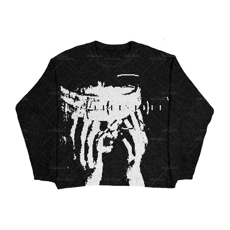 Hip Hop Streetwear Knitted Sweater men Gothic portrait Print Pullover autumn Harajuku Cotton sweater women Oversized Sweater 250618