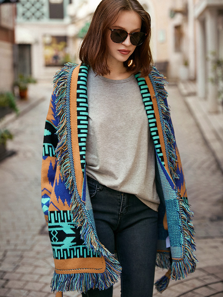 853971G01 Women's Outerwear & Coats Autumn and Winter Long Sleeves Cape Wool Blend Knitted Cardigan Loose Bohemian Vintage Jacquard