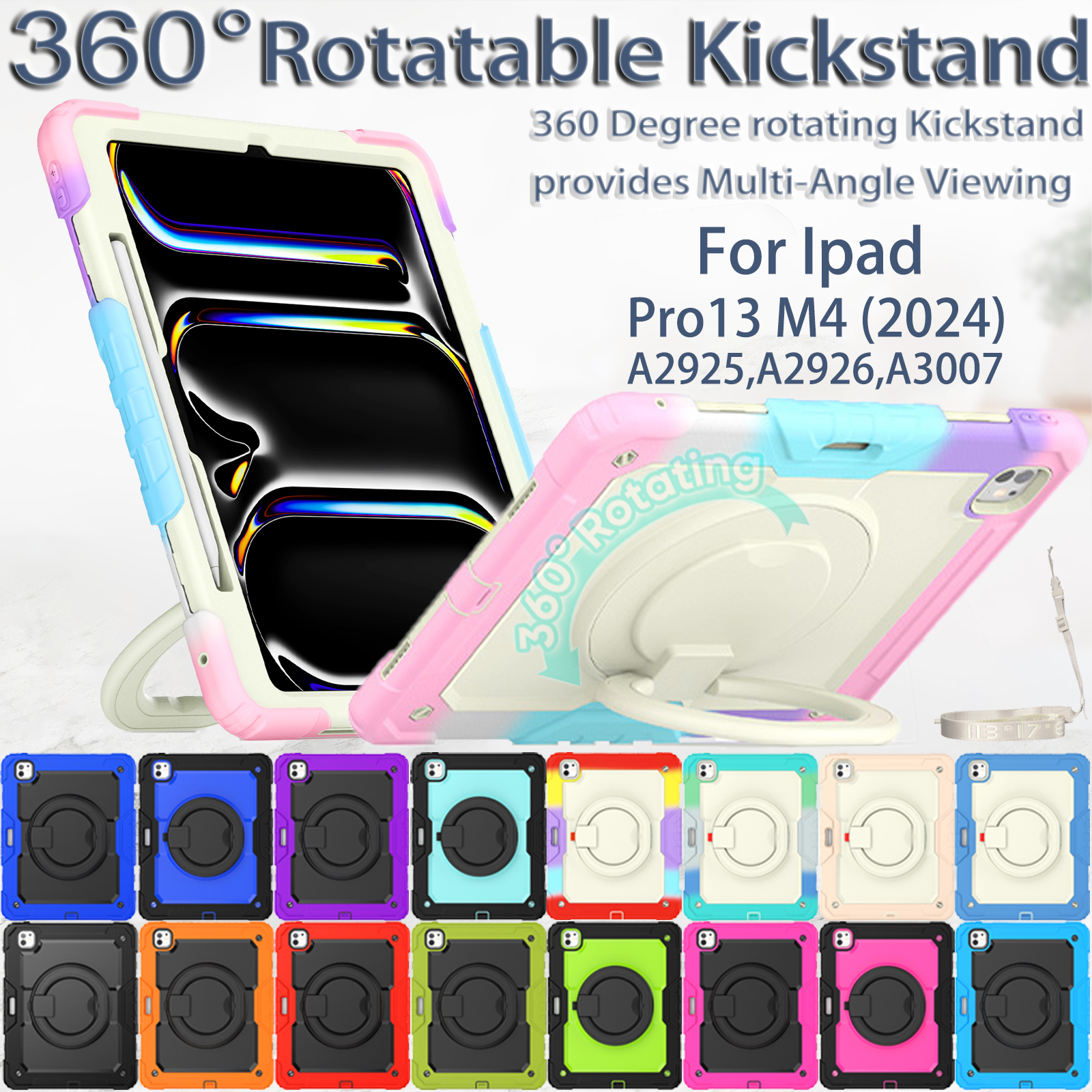 Heavy Duty Case For 2024 iPad Pro 13 Air 13 M2 Folding Handle Grip 360 Rotation Stand Hybrid Armor Tablet Cover Shockproof Cases with Shoulder Strap S