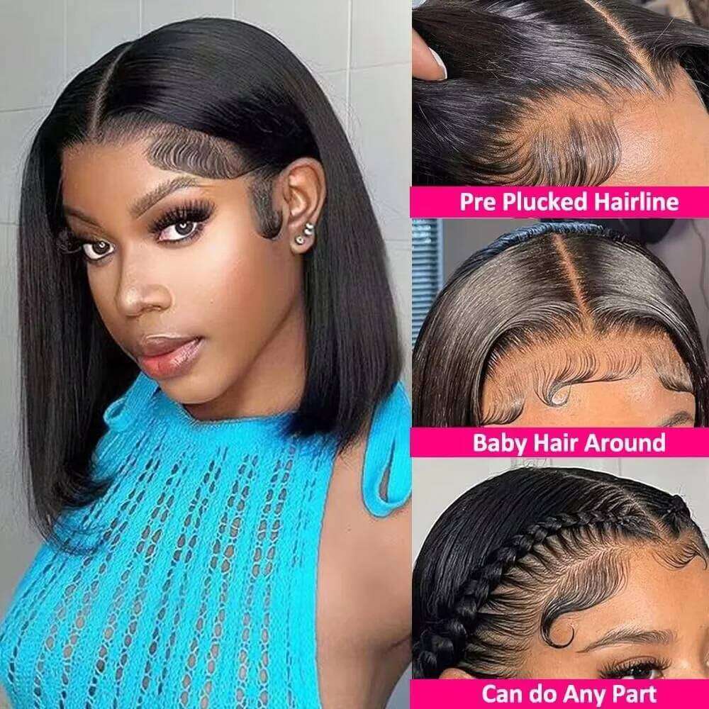 200% Density Short Human Hair Vieamese Bone Straight Bob Wig Preplucked 13x4 Lace Front Wear And Go Glueless Wigs