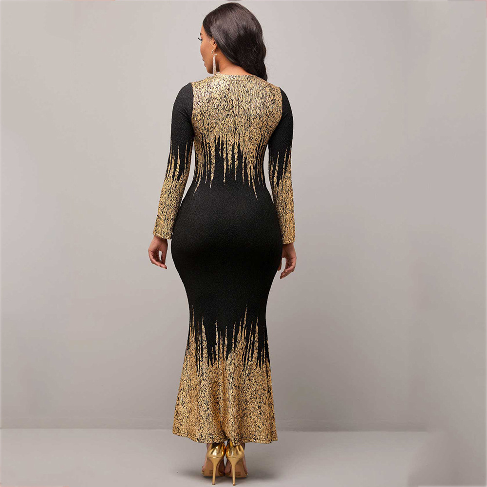 Women Dresses Designer Style Gold Foil Print Slim Fit Long Sleeve Dress Autumn Winter Evening Dress Mermaid Dress Luxury Dress Evening Dress Beach Dre