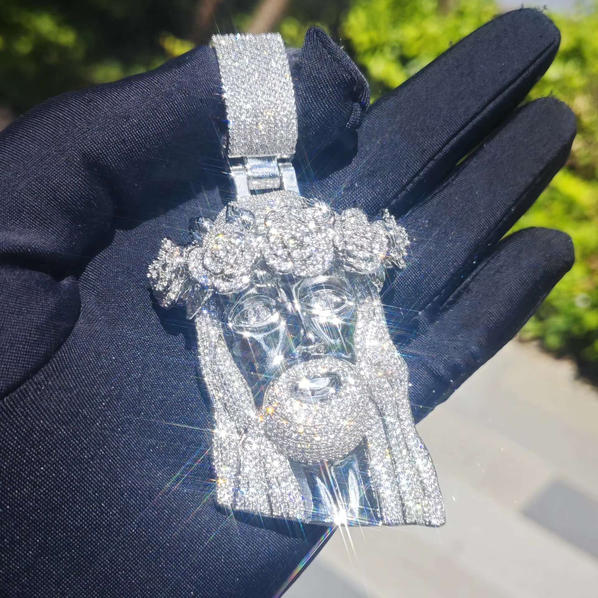 Rose Gold Twe Tone Huge Spooky Big Jesus Head Zircon Charm Iced Out Rose Crown Jumbo Pendant Cubic Zirconia Necklace for Men