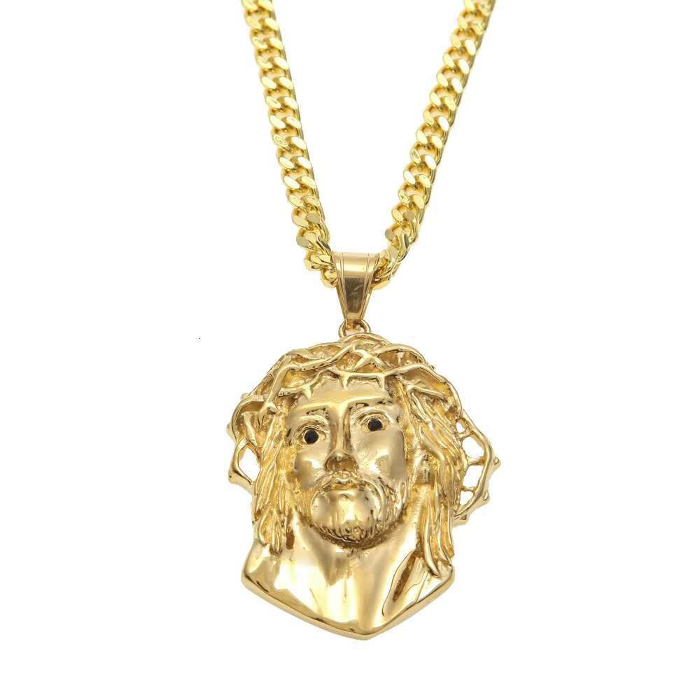 18k Gold Tone Steel Huge Spooky Big Jesus Head Black Zircon Charm Jumbo Pendant Cubic Zirconia Eye Jesus Necklace