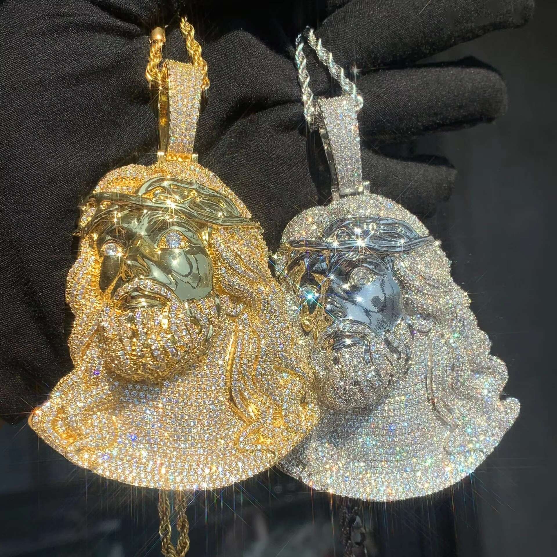 Two Tone Huge Spooky Silver Jesus Face Head Zircon Crown Charm Jumbo Pendant Cubic Zirconia Necklace