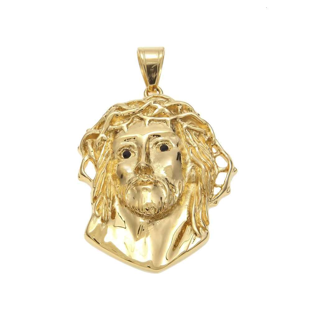 18k Gold Tone Steel Huge Spooky Big Jesus Head Black Zircon Charm Jumbo Pendant Cubic Zirconia Eye Jesus Necklace
