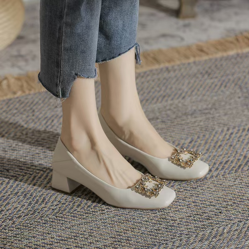 crystal square buckle med-high heels shoes woman new designer leather knitting pumps metal heeled tacones mujer plus
