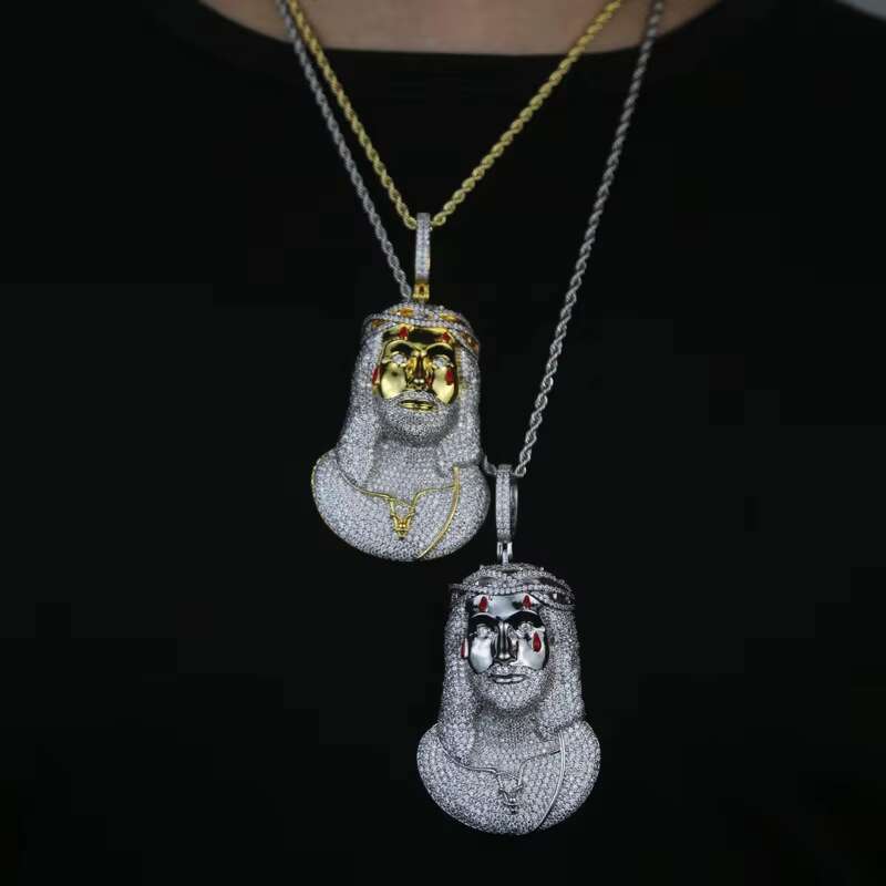Huge Spooky Silver Jesus Head Bust Zircon Color Tears Thorny Crown Charm Iced Out Jumbo Pendant Cubic Zirconia Necklace