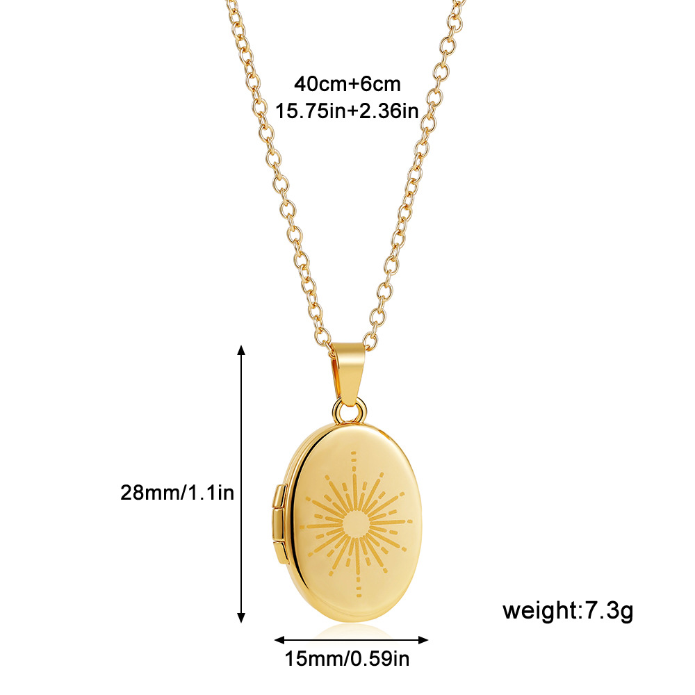 Non Tarnish Photo Hold Picture Oval Pendant Locket Necklace 18K Gold Plated Moon Sun Charm Souvenir Memorial Jewelry for Women Valentine Anniversary B