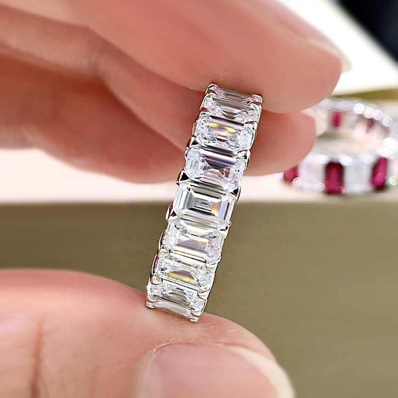 Moissanite Diamond Emerald Cut Eternity Band 925 Sterling Silver Wedding Moissanite Ring