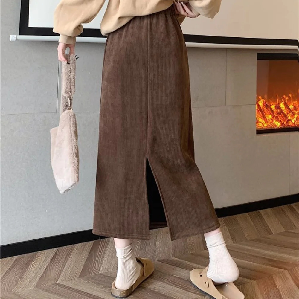 Vintage Elegant Office Ladys A-Line Skirt Back Slit Elastic Waist Thick Womens Skirt In Winter Fleece Warm Females Skirt 250619