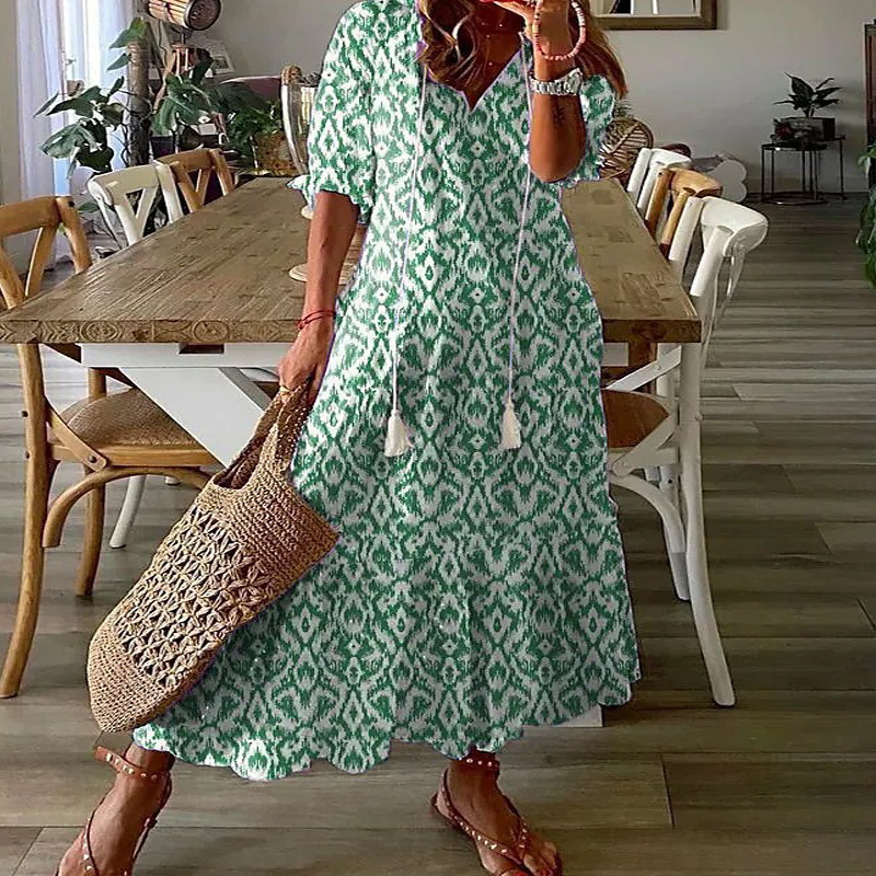 L3191Casual sweet loose V-neck printed hanging beard mid-sleeve long dress