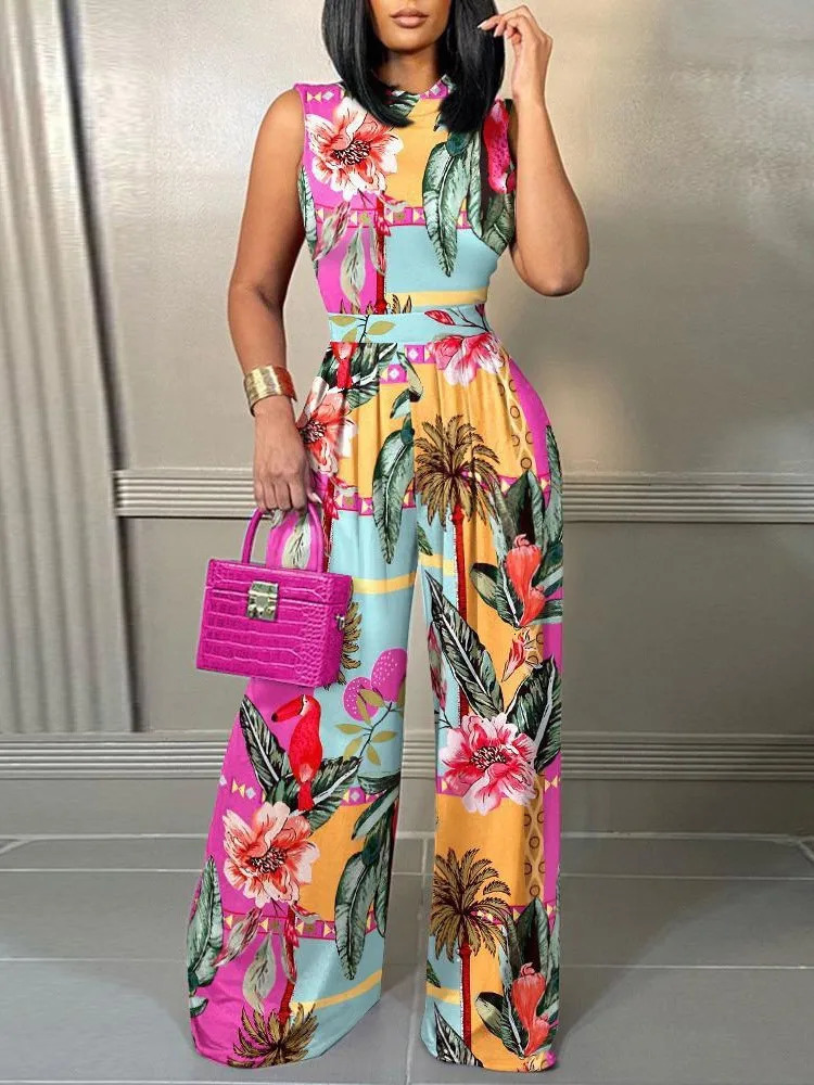 Elegant Women Wide Leg Long Juumpsuit Spring Summer Fashion Printed Sleeveless Casual Holiday Bodysuits Jumpsuits Trousers 250618